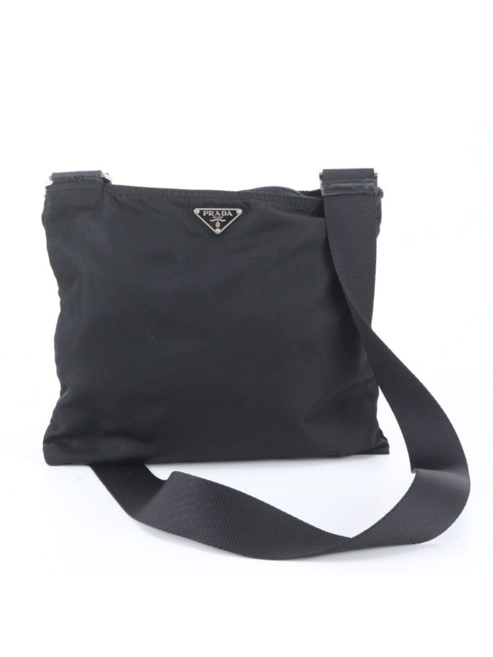 Prada Tessuto Nylon Triangle Logo Leather Shoulder Bag Crossbody Messenger Black